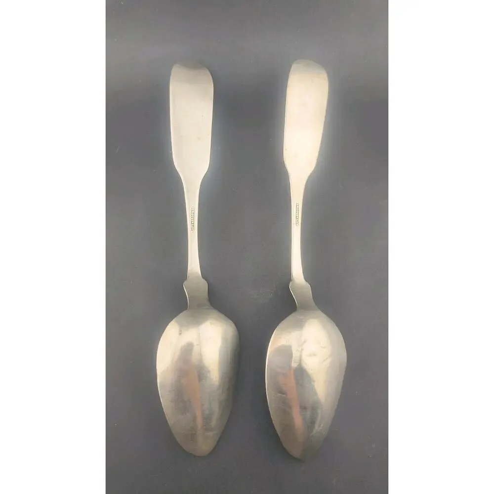 Antique Platt & Brother NY Coin Silver Tablespoons Pair 1850s Fiddle Pattern